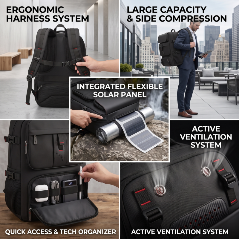 One Large Capacity Laptop Backpack, Designed for Both Men And Women, Featuring a Multifunctional Travel Design with a Compartment for Shoes, Ideal for Business Trips, Travel, College, Holiday Travel, Party Gifts, School Use 4 A direct front product view of a black color One Large Capacity Laptop Backpack against a clean white background. The backpack features four main compartments with grey and black buckles, two metallic circular vents, and a central vertical strap with red details. A grey rolled mat is secured to the top.