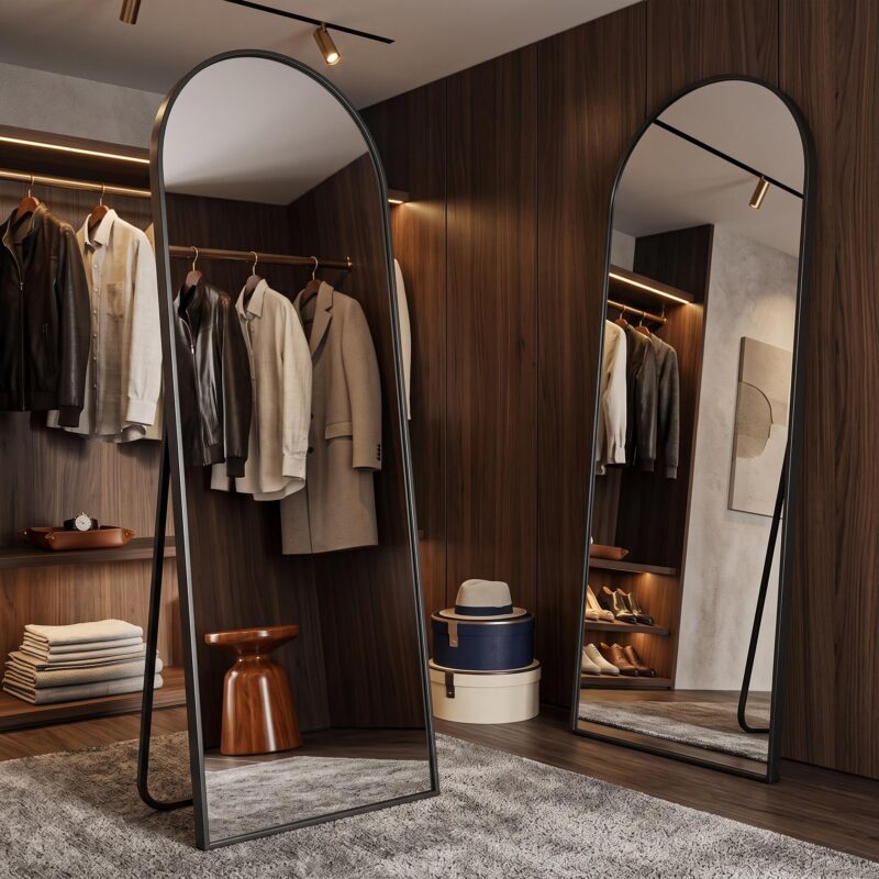 Arched Full Length Mirror with Free Standing & Leaning/Hanging Mount - Tall Vertical Oval Arch Design, Full-Body Mirror Suitable for Living Room, Bedroom, Cloakroom - Modern Simple Aluminum Frame Vertical Mirror 5 Two black color Arched Full Length Mirror with Free Standing units positioned inside a dark wood luxury wardrobe room reflecting elegant clothing