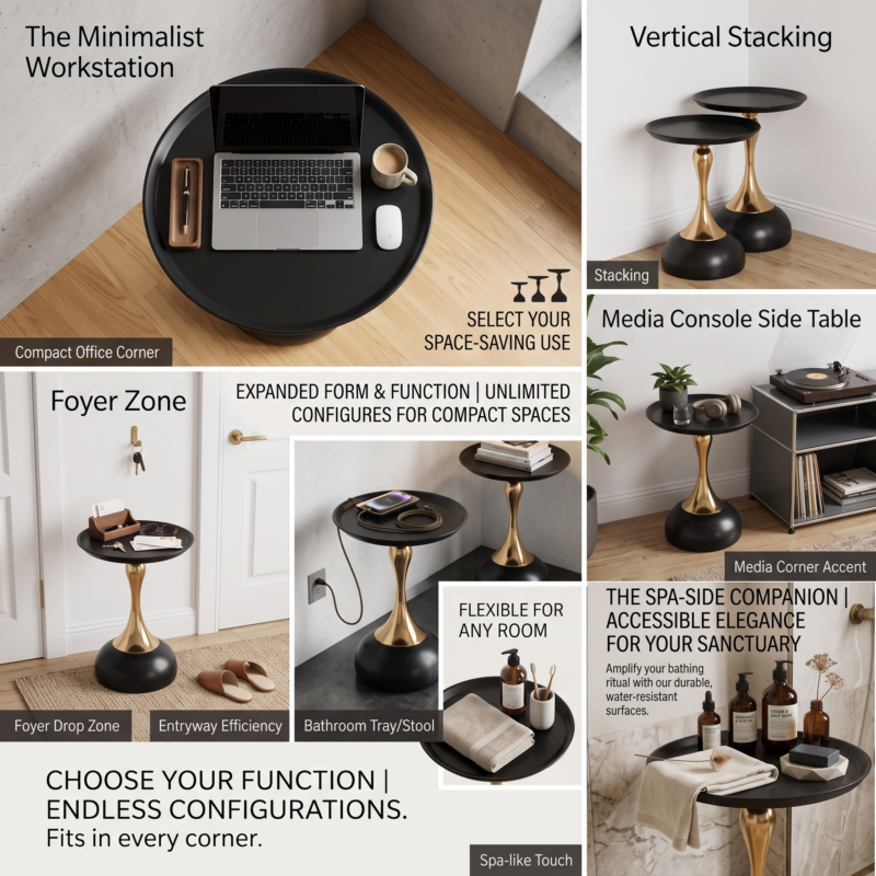 exclusive 1pc Modern Italian Space-Saving Corner Coffee Table with Metal Tabletop & Assembly - Multifunctional Compact Suitable for Small Apartments, Living Room, Bedside - Wood-Free (Ideal for Urban Dwellers) 3 A four panel catalog display showing individual and curated pairs of a white version and a black color modern italian space saving corner coffee table styled with lamps and mugs against a clean white background.
