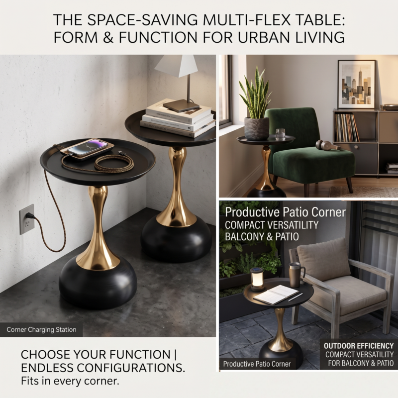 exclusive 1pc Modern Italian Space-Saving Corner Coffee Table with Metal Tabletop & Assembly - Multifunctional Compact Suitable for Small Apartments, Living Room, Bedside - Wood-Free (Ideal for Urban Dwellers) 4 A lifestyle infographic collage featuring a black color modern italian space saving corner coffee table used as a compact office workstation, a vertical stacking set, a media console accent, a foyer drop zone, and a spa side bathroom tray.