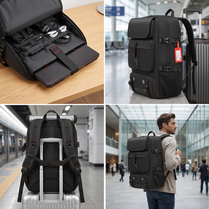 One Large Capacity Laptop Backpack, Designed for Both Men And Women, Featuring a Multifunctional Travel Design with a Compartment for Shoes, Ideal for Business Trips, Travel, College, Holiday Travel, Party Gifts, School Use 5 A detailed internal and functional view of a black color One Large Capacity Laptop Backpack on a wooden table. A hand is adjusting an internal divider. The main compartment is wide open, revealing organized dividers holding a tablet and camera gear. A lower zipper compartment is open to reveal a pair of grey shoes. Small inset views show external key vents and straps.