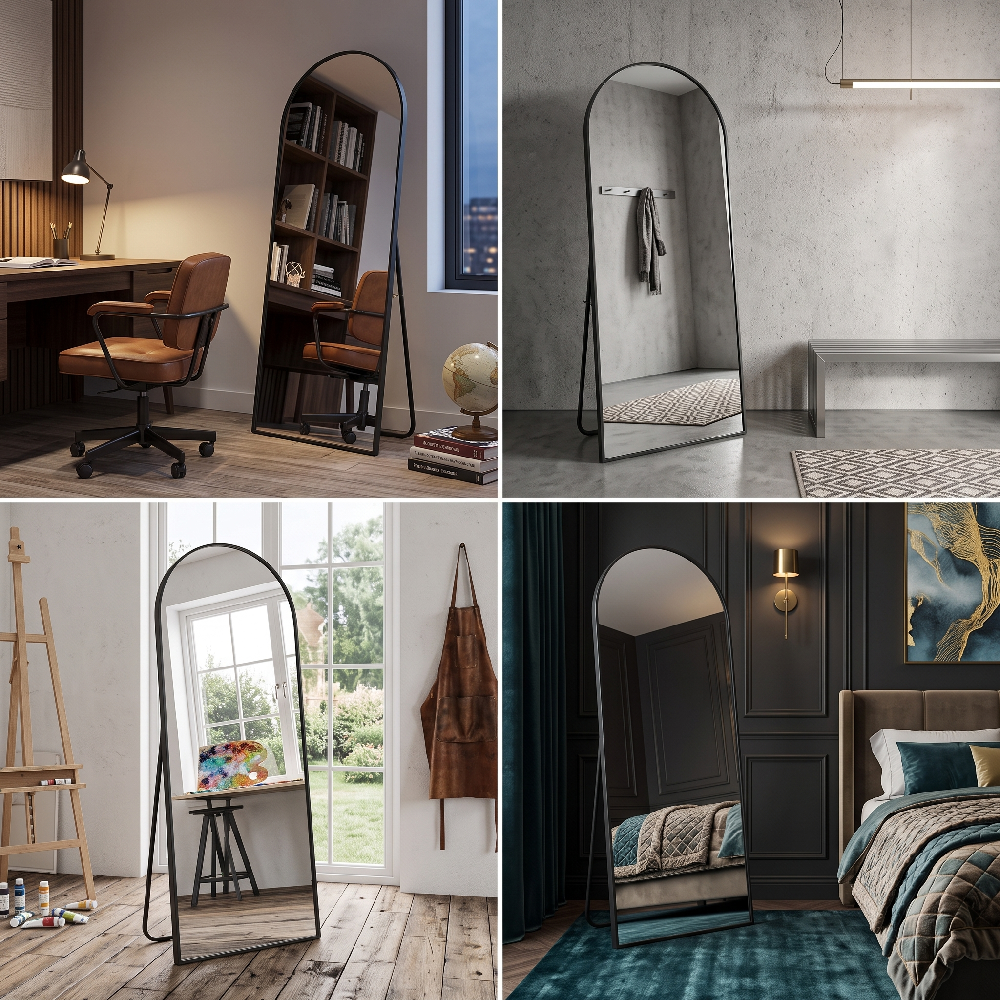 Arched Full Length Mirror with Free Standing & Leaning/Hanging Mount - Tall Vertical Oval Arch Design, Full-Body Mirror Suitable for Living Room, Bedroom, Cloakroom - Modern Simple Aluminum Frame Vertical Mirror 6 Four panel collage showing a black color Arched Full Length Mirror with Free Standing in a study room, concrete entryway, art studio, and moody dark bedroom