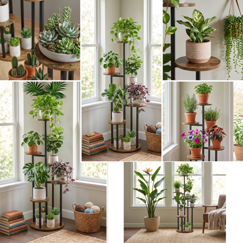 practical Indoor Plant Stand with 6 Tiers, Suitable for Various Plants, Corner Flower Display for The Living Room, Featuring a Multi-Layer Vintage Design 8 An interior design moodboard displaying six different room layouts and configurations using a black color Indoor Plant Stand with 6 Tiers.