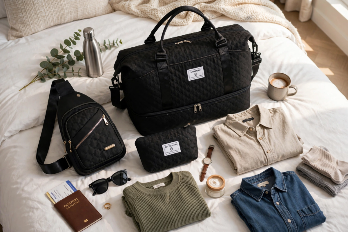 A Three-Piece Travel Set Including a Tote Bag, a Toiletry Bag, And a Shoulder Bag, Featuring a Spacious Independent Shoe Compartment, Perfect for Outdoor Fitness, Travel, Overnight Stays, And Weekend Trips 8 A flat lay on a white bed featuring a black color tote bag, matching sling bag, cosmetic pouch, folded clothes, passport, sunglasses, and travel accessories.