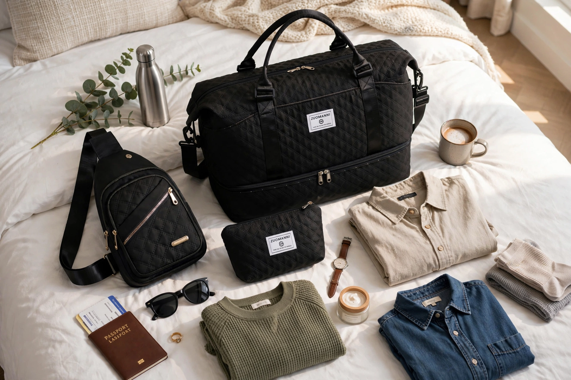 A Three-Piece Travel Set Including a Tote Bag, a Toiletry Bag, And a Shoulder Bag, Featuring a Spacious Independent Shoe Compartment, Perfect for Outdoor Fitness, Travel, Overnight Stays, And Weekend Trips 23 A flat lay on a white bed featuring a black color tote bag, matching sling bag, cosmetic pouch, folded clothes, passport, sunglasses, and travel accessories.