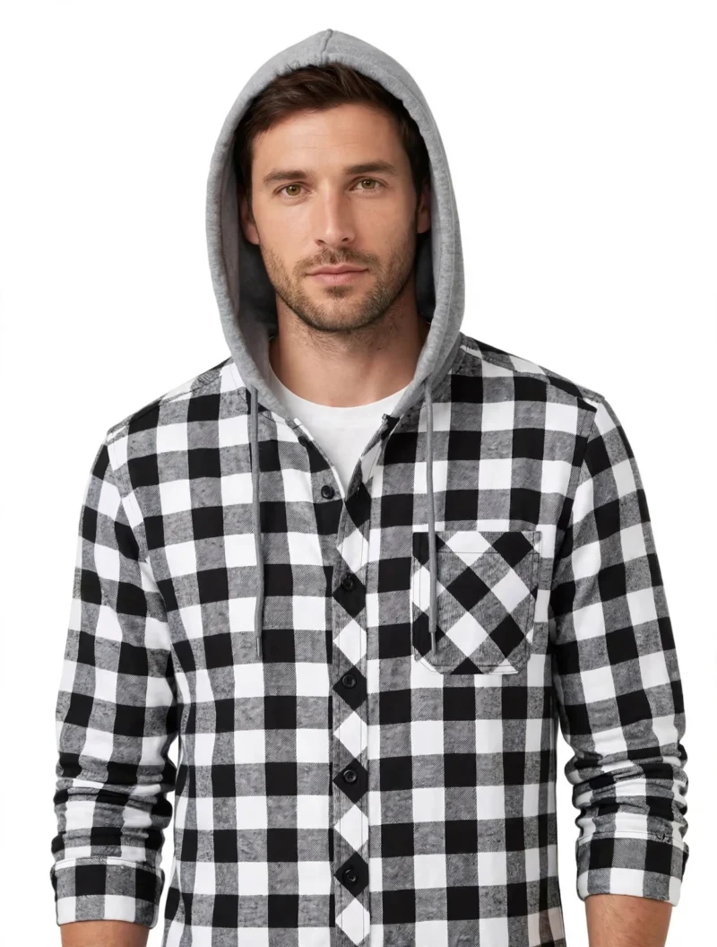 2pcs Men's New York Fashion Trendy Plaid Shirt Hoodie, Plaid Pullover Sweatshirt Flannel Hoodie 6 Two men's long sleeve button down shirts with gray hoods stand side by side; one is black and white plaid, the other is dark gray plaid.