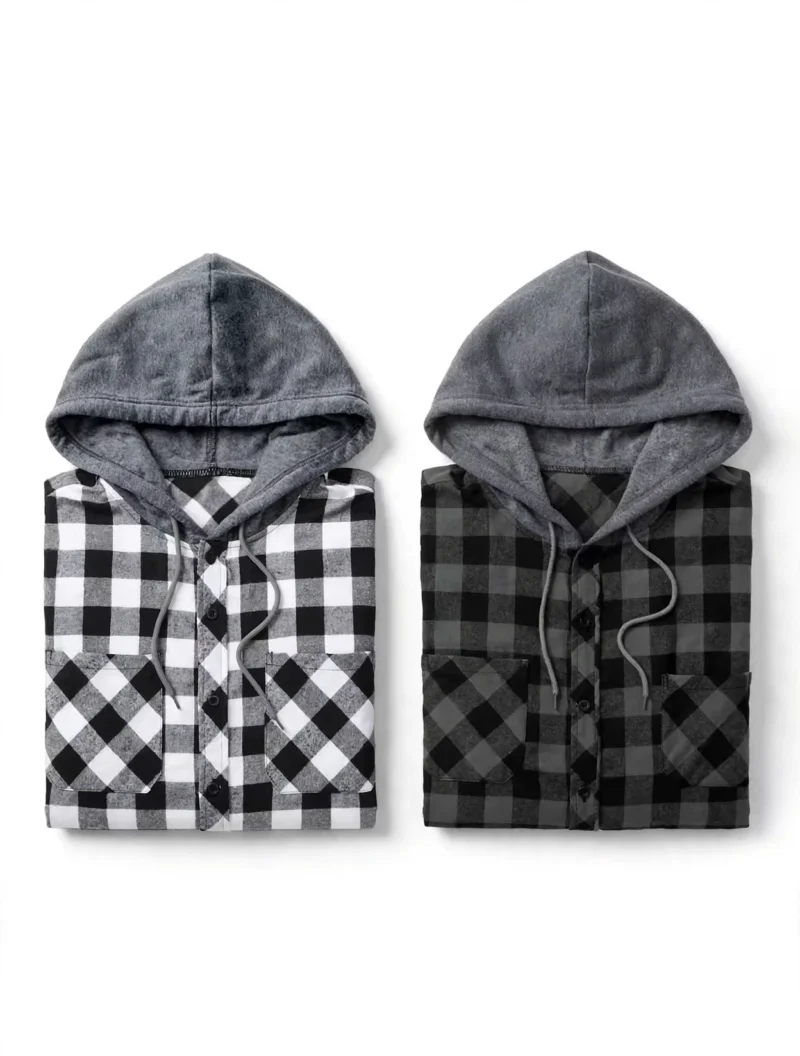 2pcs Men's New York Fashion Trendy Plaid Shirt Hoodie, Plaid Pullover Sweatshirt Flannel Hoodie 8 Two folded long-sleeve fashion trendy plaid shirt hoodies shown side by side, one in black and white plaid and the other in dark gray and black plaid, both featuring gray hoods.