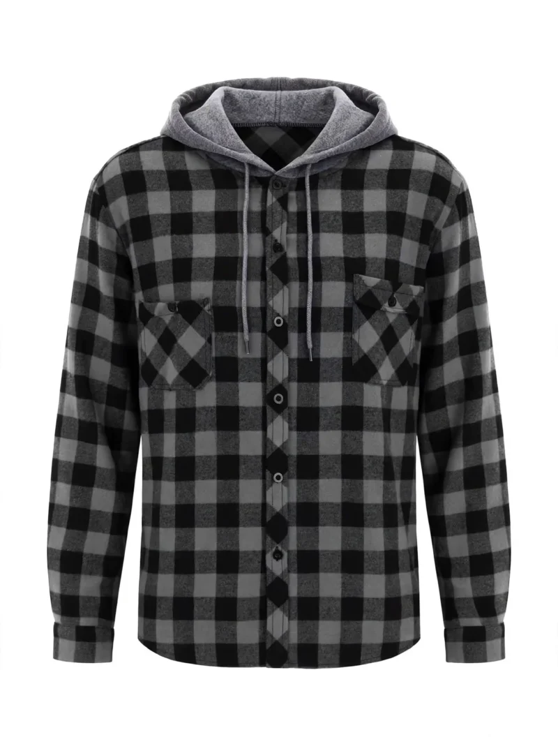 2pcs Men's New York Fashion Trendy Plaid Shirt Hoodie, Plaid Pullover Sweatshirt Flannel Hoodie 3 A single long-sleeve button-down fashion trendy plaid shirt hoodie in black and gray, featuring dual chest pockets and an attached heather gray drawstring hood against a white background.