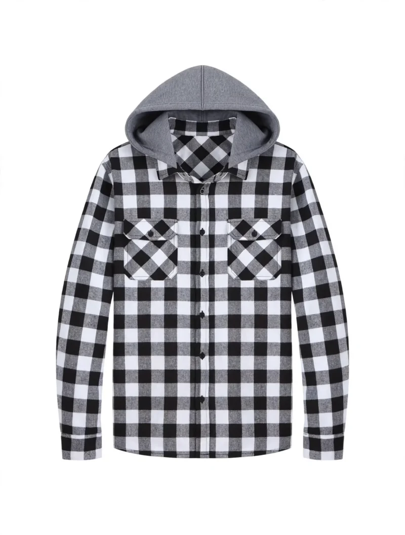 2pcs Men's New York Fashion Trendy Plaid Shirt Hoodie, Plaid Pullover Sweatshirt Flannel Hoodie 7 A top down flat lay view of two folded men's long sleeve shirts, one black and white plaid and one dark gray plaid, each with a gray hood.