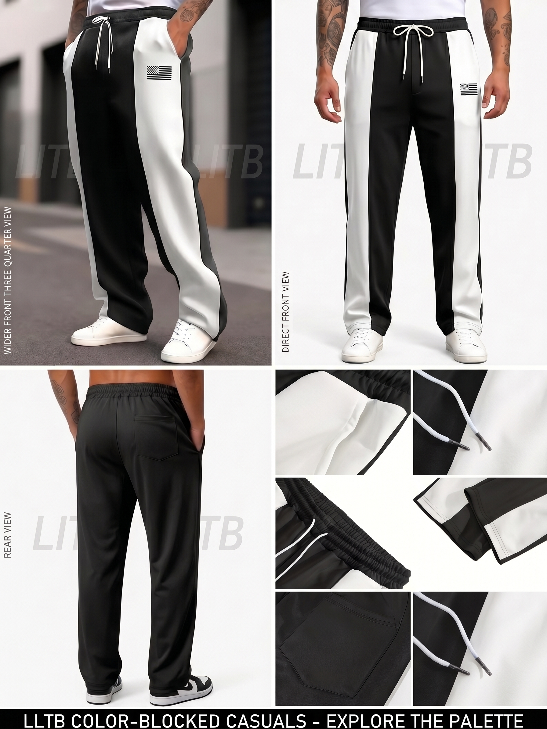 Men'S Color-Blocked Casual Pants Feature a Stylish Design with Comfortable And Structured Fabric. The Drawstring Waist Fits The Body Well, Making It Trendy And Eye-Catching. with a Loose Straight Cut 58 Product photography collage showcasing how our black color Blocked Casual Pants Feature a Stylish design. The image details the relaxed fit from a wider front three-quarter view, a direct front view, and a rear view, alongside macro close-ups of the pocket openings, white drawstring aglets, gathered elastic waistband, ankle leg hems, and rear patch pocket.