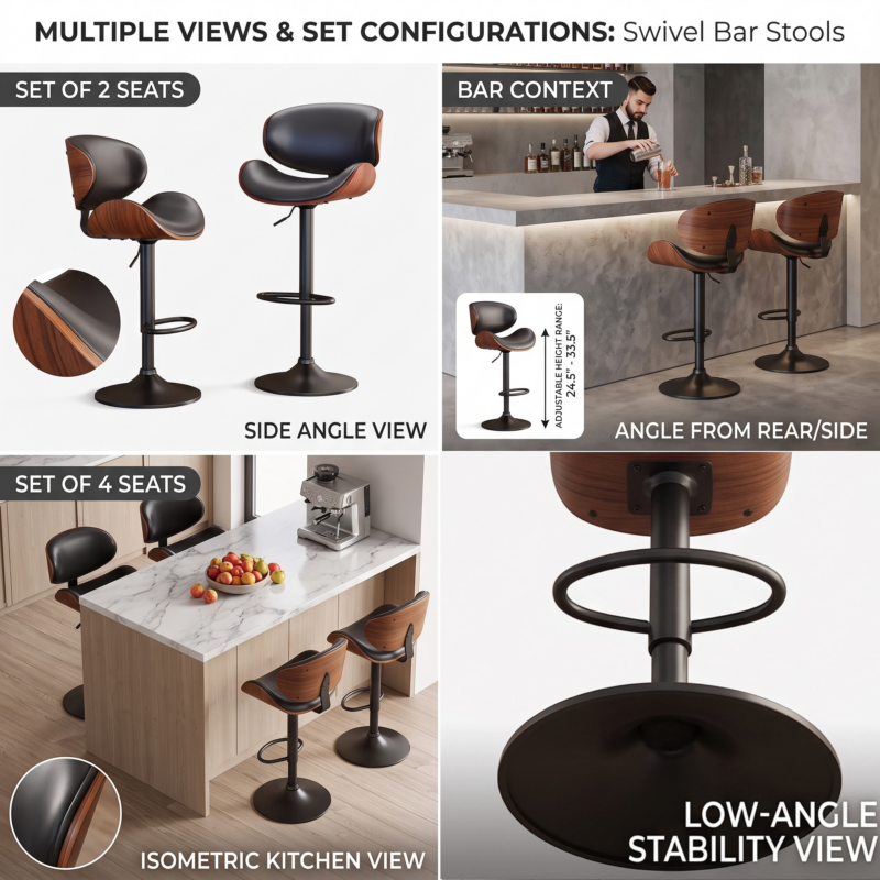 useful Swivel Bar Stools Set Of 2 Seat, Set Of 1 And 4 Seat, Adjustable Height 24.5-33.5in, Wooden Barstools PU Leather Upholstered Bar Chairs with Back & Footrest for Bar Kitchen Dining Room 5 A 4 panel presentation grid for the black color bar stools set of 1 and 2 seat series displaying a side angle view of a pair a commercial bar context showcasing a 24.5 to 33.5 inch adjustable height range an isometric home kitchen counter layout and a low angle stability view of the matte black pedestal base