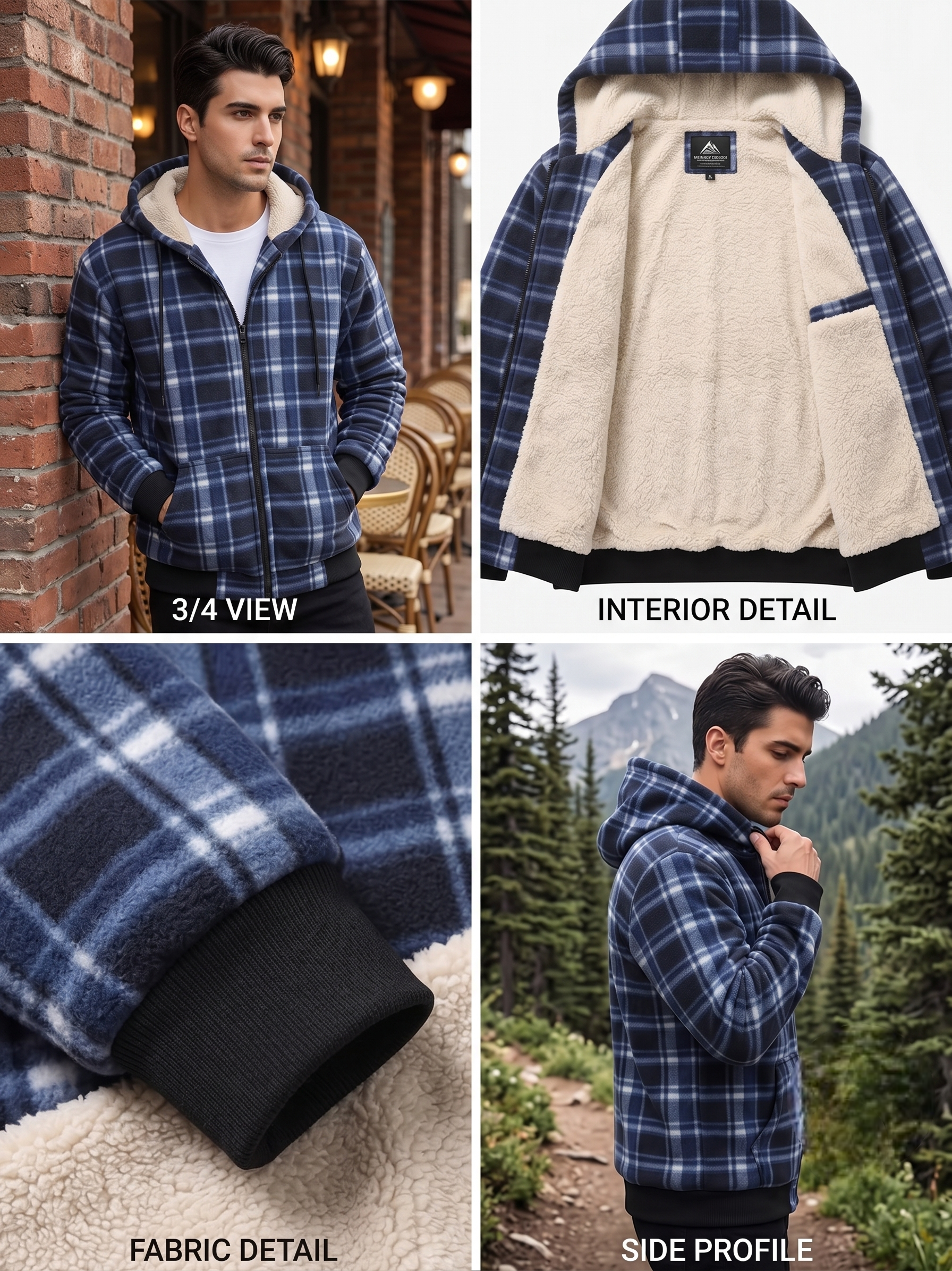 Men'S Heavyweight Fleece Hooded Jackets Thick Sherpa Lined Flannel Plaid Shirt with Full Zip 3 A 4-panel lifestyle image matrix showing a male model wearing the blue color Fleece Hooded Jackets Thick Sherpa outside a cafe and on a mountain forest trail, alongside flat lay detail shots of the fabric and inner lining.