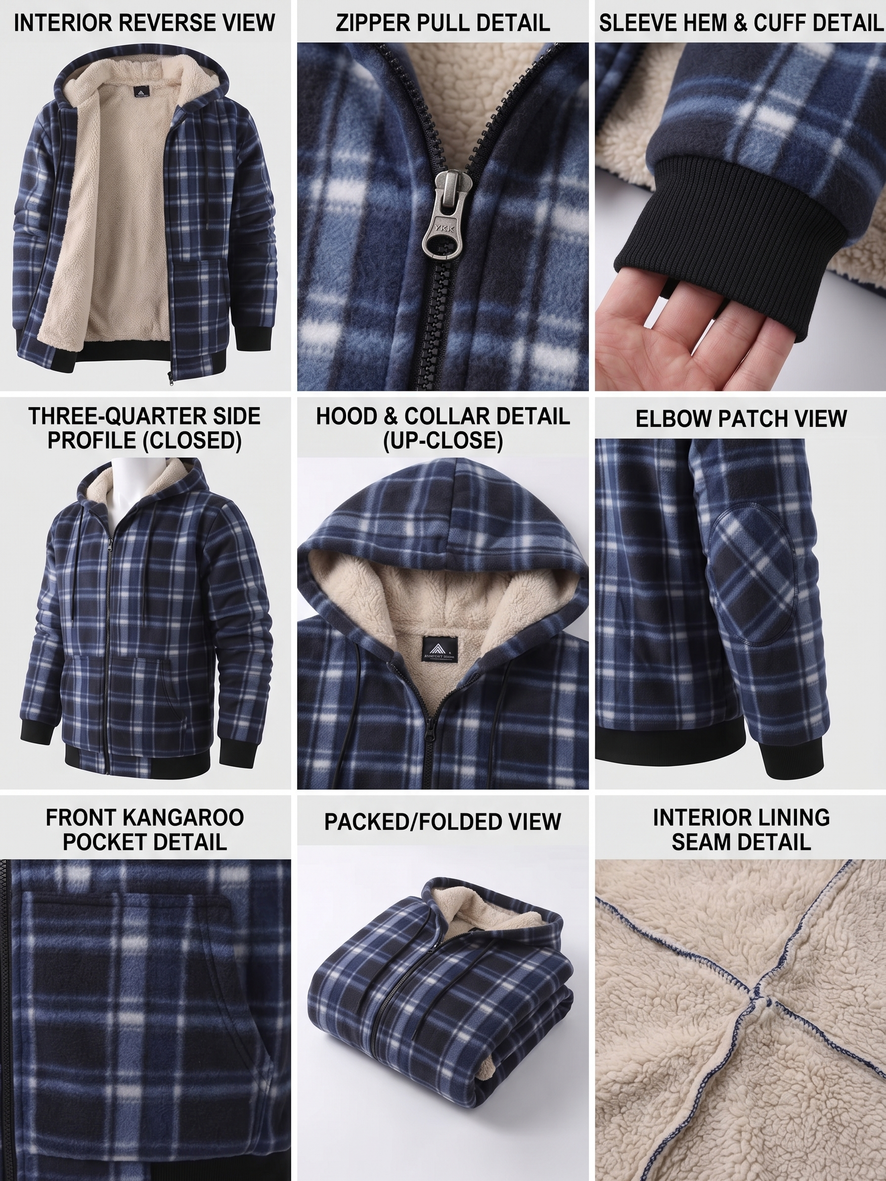 Men'S Heavyweight Fleece Hooded Jackets Thick Sherpa Lined Flannel Plaid Shirt with Full Zip 2 A 9-panel product showcase grid featuring up-close construction details of the blue color Fleece Hooded Jackets Thick Sherpa lining, detailing the zipper pull, sleeve hem, elbow patches, kangaroo pocket, and interior seams.
