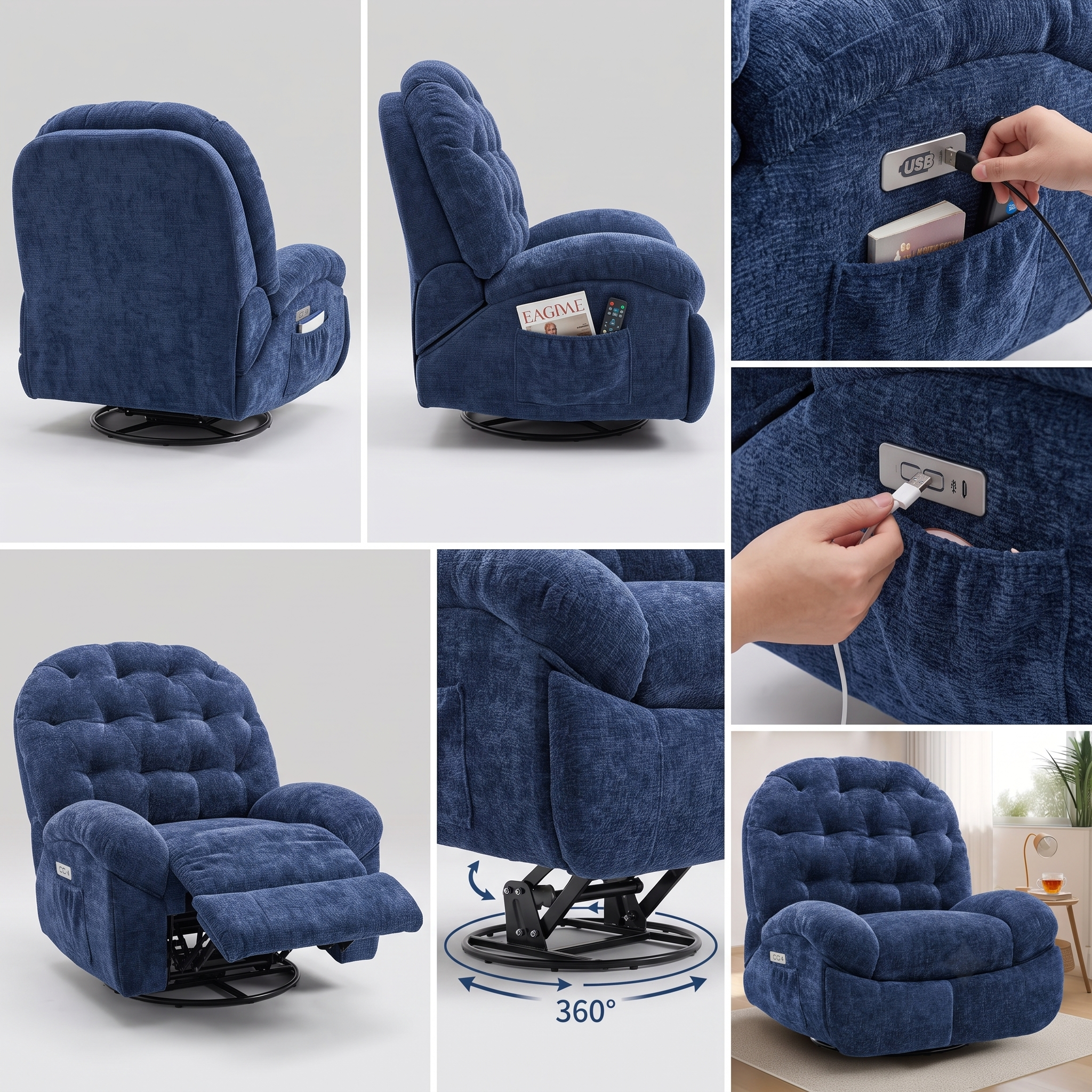 Oversized Swivel Recliner Chair, Adult Electric Recliner with USB Port And Side Pocket Storage, Comfortable Soft Shell Rocking Chair, Large Chenille Recliner Suitable for The Living Room 25 A 6-panel composite image collage showcasing various views of a plush, blue, overstuffed power recliner. Panels include a hand plugging a device into the built-in USB port, the fully reclined position with footrest up, a macro of the 360-degree swivel base, and a decorated living space.