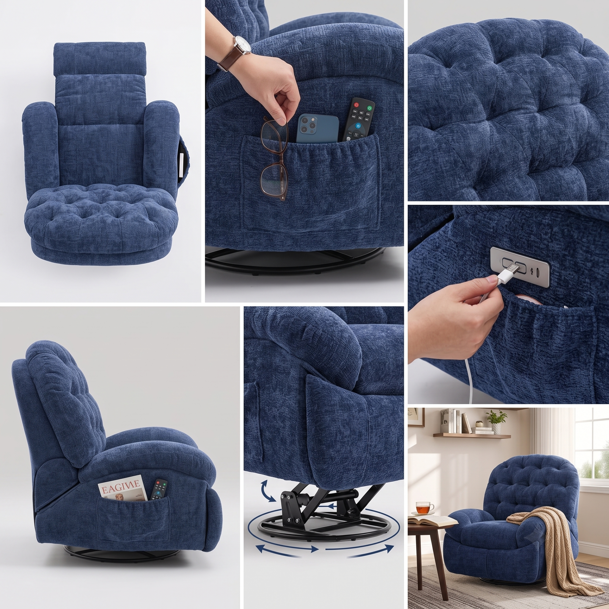 Oversized Swivel Recliner Chair, Adult Electric Recliner with USB Port And Side Pocket Storage, Comfortable Soft Shell Rocking Chair, Large Chenille Recliner Suitable for The Living Room 6 A unique 6-panel composite image collage of a blue plush recliner. The collage features different perspectives including a top-down view, a hand inserting a smartphone and glasses into the side storage pocket, a macro of the soft button tufting, a profile shot, and a dramatic close-up of the base indicating 360-degree movement. A lifestyle panel completes the set.