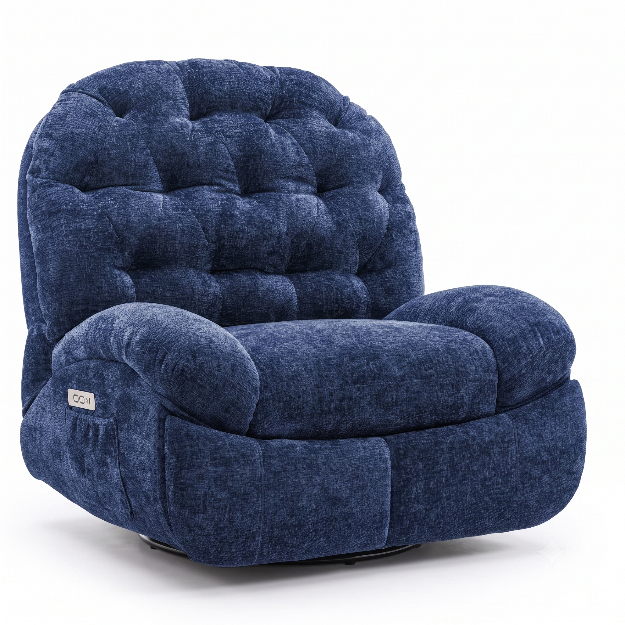 Oversized Swivel Recliner Chair, Adult Electric Recliner with USB Port And Side Pocket Storage, Comfortable Soft Shell Rocking Chair, Large Chenille Recliner Suitable for The Living Room 7 A single-panel, clean studio product photograph of the blue plush overstuffed power recliner chair in its upright position against a seamless white background. It clearly shows the button-tufted backrest, rounded arms, integrated side power control panel with USB, and the sturdy circular base.