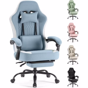 A product showcase featuring a main large image of a blue color Computer Game Chair Office Chair with a built-in footrest and headrest pillow, isolated against a white background. To the right, smaller thumbnails display the same chair model in four additional colors: green, pink, beige, and black.