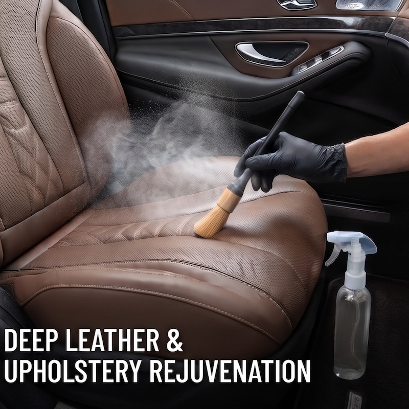 26pcs Car Detailing Brush Set, Car Detailing Kit, Car Detailing Brushes, Car Cleaning Kit, Car Windshield Cleaning Tool, Professional Car Care Kit - Car Wash Brush Kit for Interior Exterior Wheels 3 A person in a black glove uses a soft brush from a 26pcs Car Detailing Brush Set to clean perforated brown leather car seats.