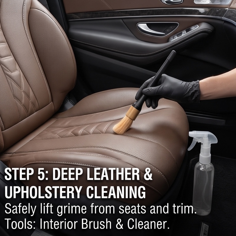 26pcs Car Detailing Brush Set, Car Detailing Kit, Car Detailing Brushes, Car Cleaning Kit, Car Windshield Cleaning Tool, Professional Car Care Kit - Car Wash Brush Kit for Interior Exterior Wheels 12 A person in a black glove holds a soft brush from a 26pcs Car Detailing Brush Set, touching a perforated brown leather car seat, with a spray bottle nearby. Text "STEP 5: DEEP LEATHER & UPHOLSTERY CLEANING" is visible.