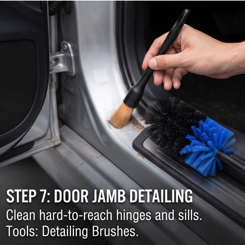 26pcs Car Detailing Brush Set, Car Detailing Kit, Car Detailing Brushes, Car Cleaning Kit, Car Windshield Cleaning Tool, Professional Car Care Kit - Car Wash Brush Kit for Interior Exterior Wheels 14 A close-up shot shows a hand in a black glove cleaning a car door jamb with a small, tan-bristled detailing brush from a 26pcs Car Detailing Brush Set. The text overlay says "STEP 7: DOOR JAMB DETAILING Clean hard-to-reach hinges and sills. Tools: Detailing Brushes."