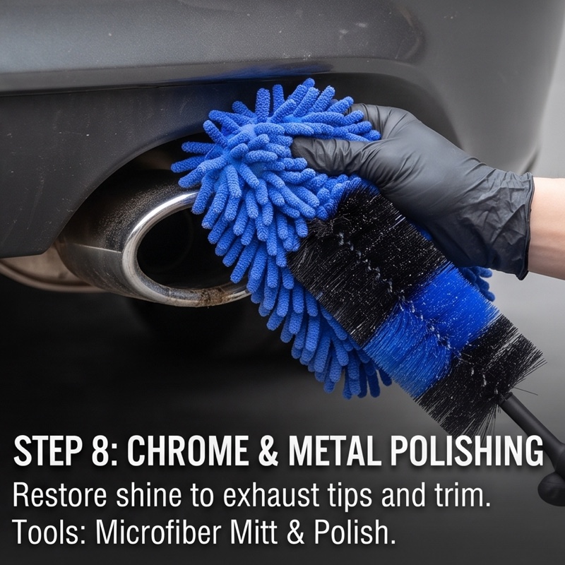 26pcs Car Detailing Brush Set, Car Detailing Kit, Car Detailing Brushes, Car Cleaning Kit, Car Windshield Cleaning Tool, Professional Car Care Kit - Car Wash Brush Kit for Interior Exterior Wheels 15 A hand in a black glove holds a blue microfiber mitt and a long, black and blue wheel brush from a 26pcs Car Detailing Brush Set, positioned near a dirty car exhaust tip. The text overlay says "STEP 8: CHROME & METAL POLISHING Restore shine to exhaust tips and trim. Tools: Microfiber Mitt & Polish."