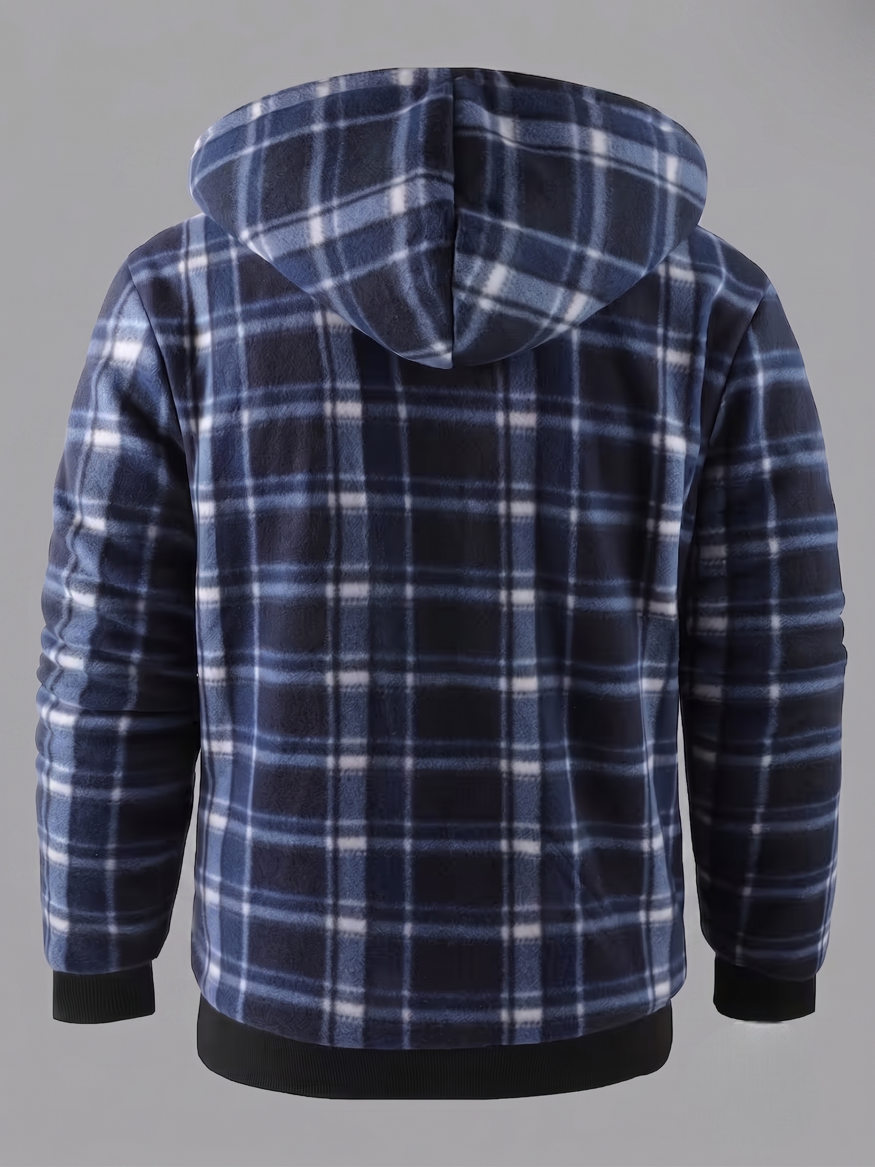 Men'S Heavyweight Fleece Hooded Jackets Thick Sherpa Lined Flannel Plaid Shirt with Full Zip 4 Rear studio view of a dark blue color Fleece Hooded Jackets Thick Sherpa outerwear piece on a mannequin, highlighting the seamless plaid alignment across the back and deep hood.