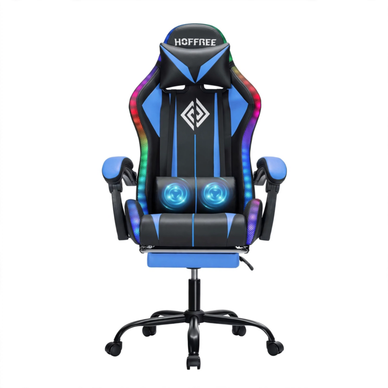 New Model 1.2 Two-Point Massage Lumbar with 135-Degree LED Light Strip 13 Front view of a blue and black Hoffree gaming chair showcasing vibrant RGB side lights and a 1.2 Two-Point Massage Lumbar pillow.