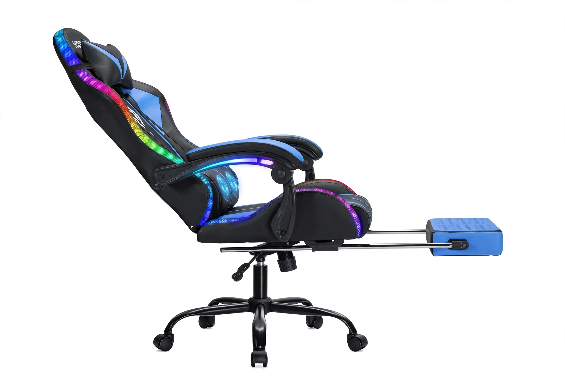 New Model 1.2 Two-Point Massage Lumbar with 135-Degree LED Light Strip 20 mrali blue black hoffree gaming chair side profile