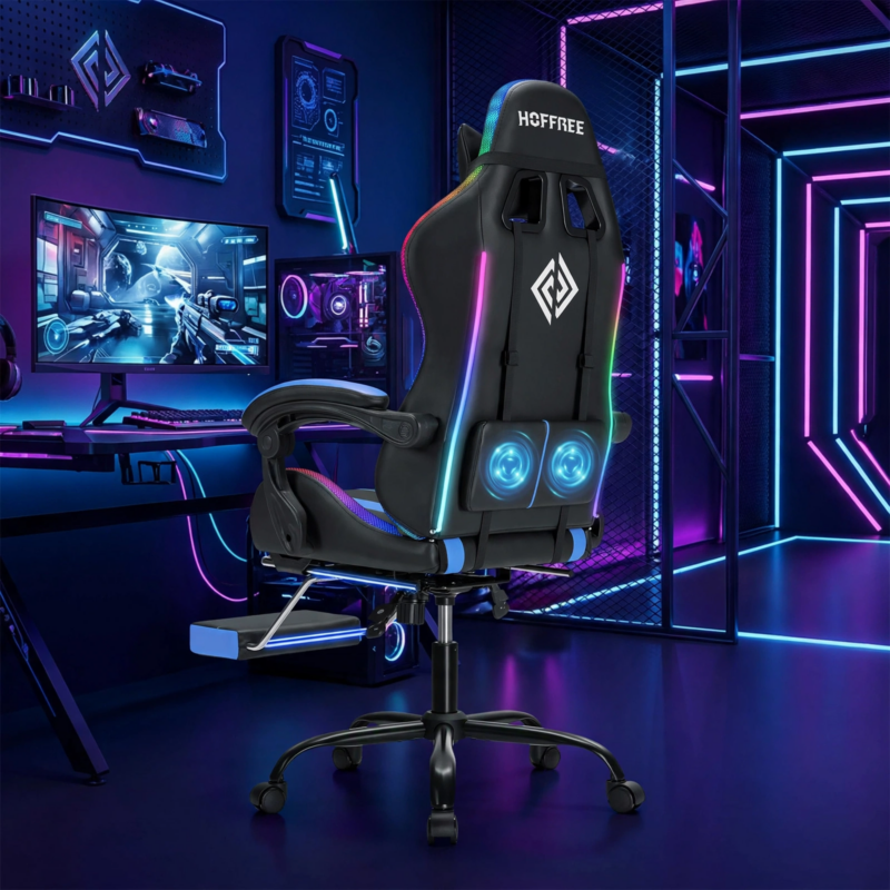 New Model 1.2 Two-Point Massage Lumbar with 135-Degree LED Light Strip 2 Rear view of the blue and black Hoffree gaming chair in an illuminated gaming room showing the 1.2 Two-Point Massage Lumbar controls and RGB back panel.