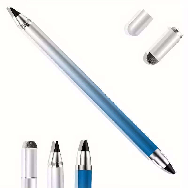 exclusive Masterstroke Synergy: The 3-in-1 Universal Touch Screen Stylus Pen for Seamless Cross-Platform Navigation 21 A professional product infographic for the blue color 3-in-1 Universal Touch Screen Stylus Pen set against a light blue background. The central image shows the sleek blue aluminum stylus with three indicated functions: a 0.7mm Silicon Disc Tip for high-precision sketching, a Fiber Mesh Tip for smooth scrolling, and an internal Traditional Ballpoint Ink Refill for paper writing. The graphic highlights "Universal Multi-Surface Mastery" with icons for iPad, Android tablets, Fire tablets, iPhone, and Surface devices. A technical inset at the bottom reveals the "Unique Silicon Disc Technology" including a silicon cushion and metal pin, emphasizing battery-free precision and zero-lag drawing.