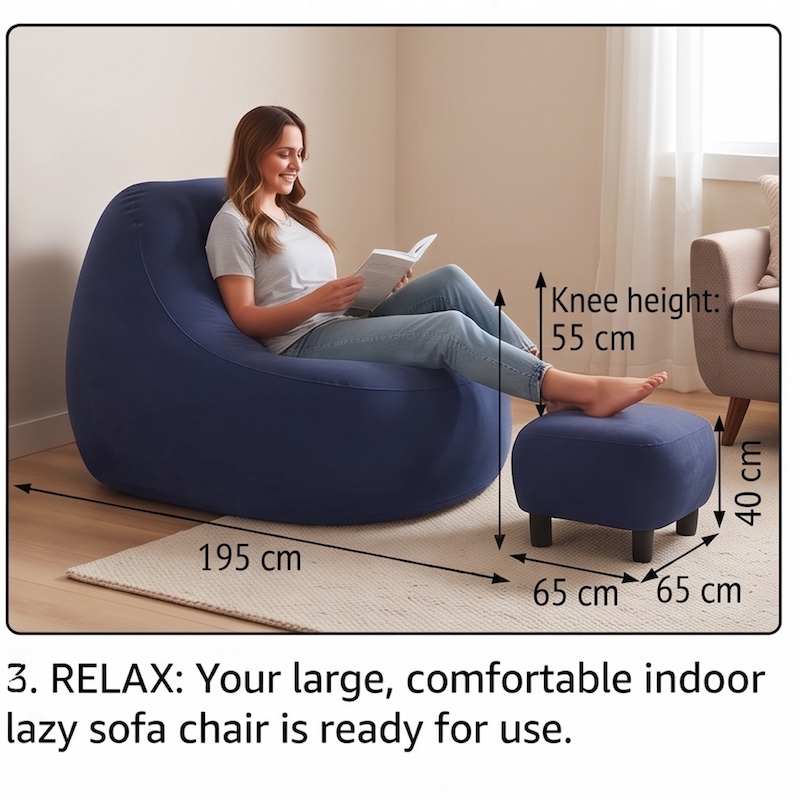 A Large Inflatable Lazy Sofa Chair, Made of PVC Bean Bag Material, Suitable for Indoor And Outdoor Seating 2 A smiling woman sitting in a blue color Inflatable Lazy Sofa Chair reading a book, with a matching ottoman nearby.