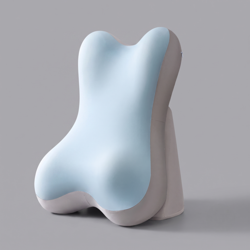 A front studio shot of the blue color adjustable backrest pillow for bed featuring a dual tone light blue and grey fabric finish standing upright against a neutral background.