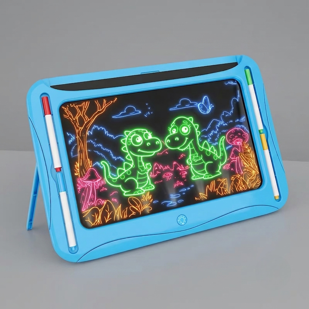 LED Light-Up Drawing Writing Doodle Board, Learning Travel Toy with 9 Double-Sided Cards, 6 Markers, Art Set, Suitable for Birthday Gifts And Christmas Gifts for Girls And Boys Aged 3-8. 1 LED Light-Up Drawing Writing Doodle Board A blue color LED Light Up Drawing Writing Doodle Board displayed on a clean surface with artistic neon drawings and markers nearby.