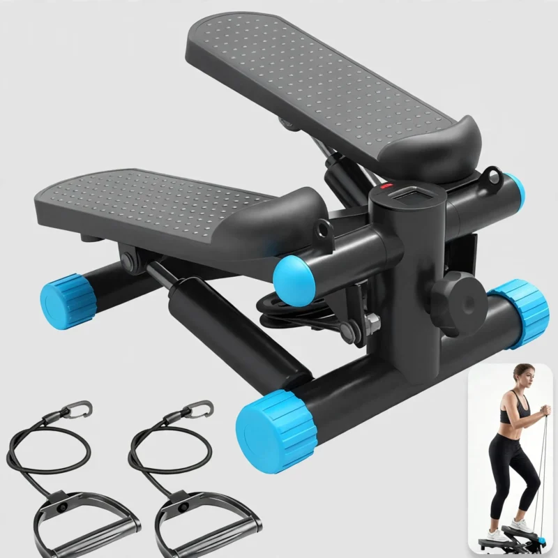 Mini Exercise Stepper with Resistance Bands - Compact Stair Stepper Machine for Home Use, Twist Motion Full Body Workout, 300LBS Capacity Portable Fitness Equipment 2 Blue color Exercise Stepper with Resistance Bands shown from the front angle with digital counter and workout cords.