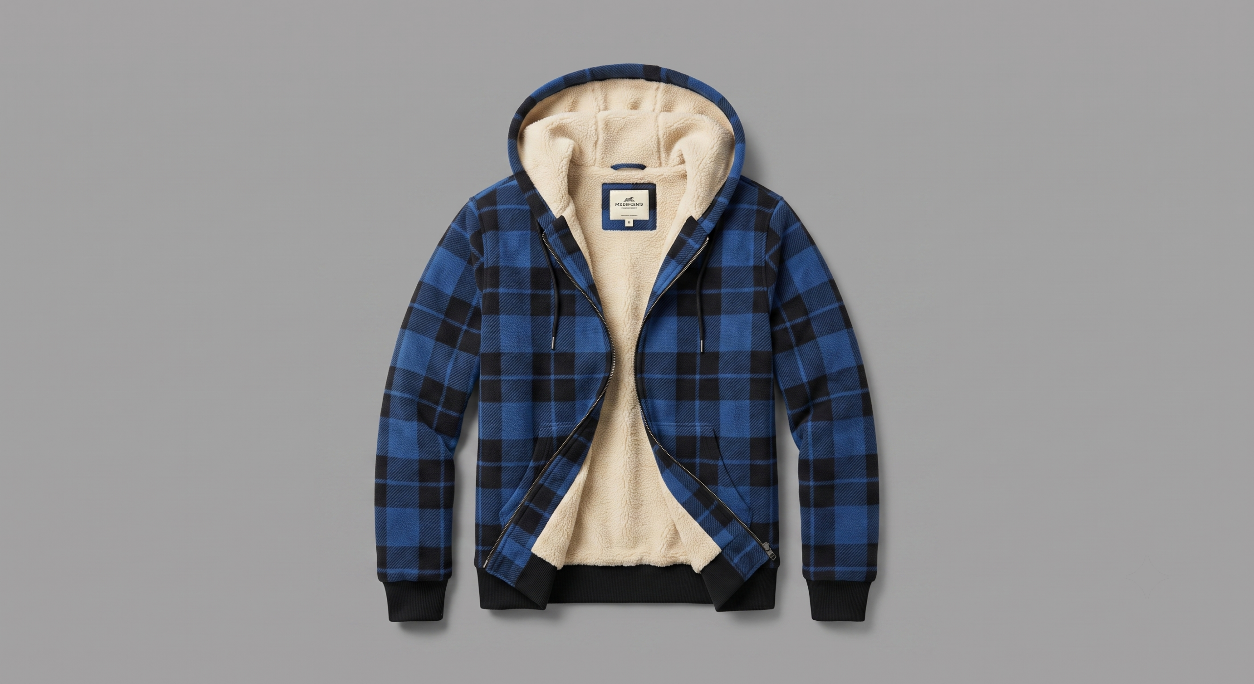 Men'S Heavyweight Fleece Hooded Jackets Thick Sherpa Lined Flannel Plaid Shirt with Full Zip 5 Studio flat lay image of an open blue color Fleece Hooded Jackets Thick Sherpa zip-up with a brilliant royal blue buffalo plaid print and a heavy fleece interior lining.