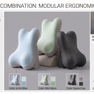 A promotional graphic displaying three color variations of the adjustable backrest pillow for bed including blue, mint green, and space gray alongside technical stack diagrams.