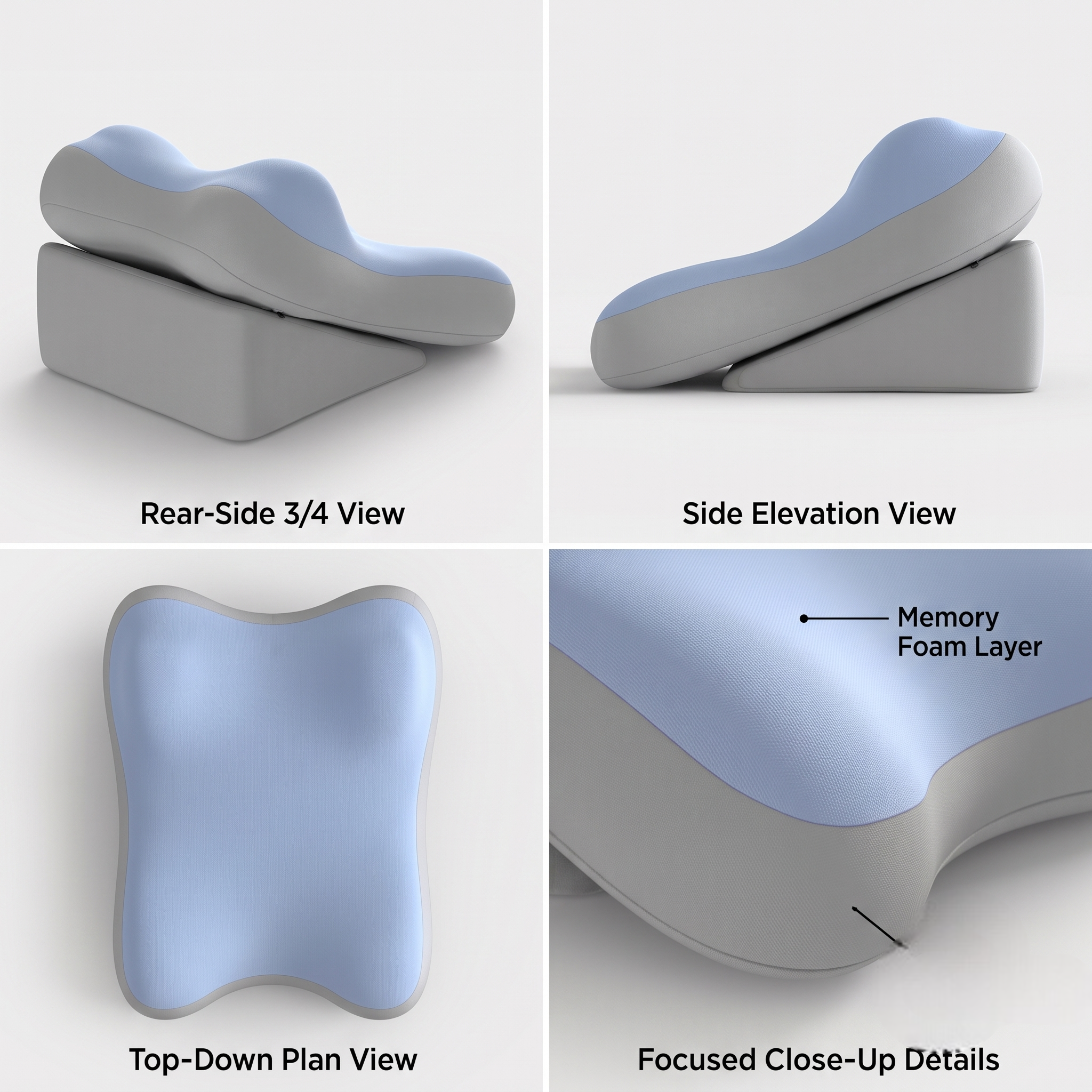 reliable Ergonomic Bed Wedge Pillow Adjustable Memory Foam Backrest for Reading, 2pcs Split Design Support Pillow for Sitting Up in Bed, Non-Slip Lumbar & Neck Cushion for Home Office & Relaxing 16 A 4-panel product view infographic showcasing the mrali blue grey color Bed Wedge Pillow from multiple angles. Panels feature a Rear-Side 3/4 View, Side Elevation View, Top-Down Plan View, and a Focused Close-Up Details view highlighting the memory foam layer and durable support base.
