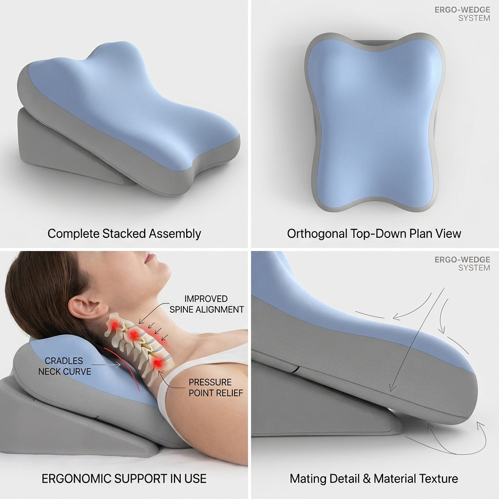 reliable Ergonomic Bed Wedge Pillow Adjustable Memory Foam Backrest for Reading, 2pcs Split Design Support Pillow for Sitting Up in Bed, Non-Slip Lumbar & Neck Cushion for Home Office & Relaxing 4 An anatomy and features infographic for the mrali blue grey color Bed Wedge Pillow Ergo-Wedge System. Four blocks show the complete stacked assembly, an orthogonal top view, an anatomical graphic of a person resting with notes on neck curve and spine alignment, and a mating detail illustration.