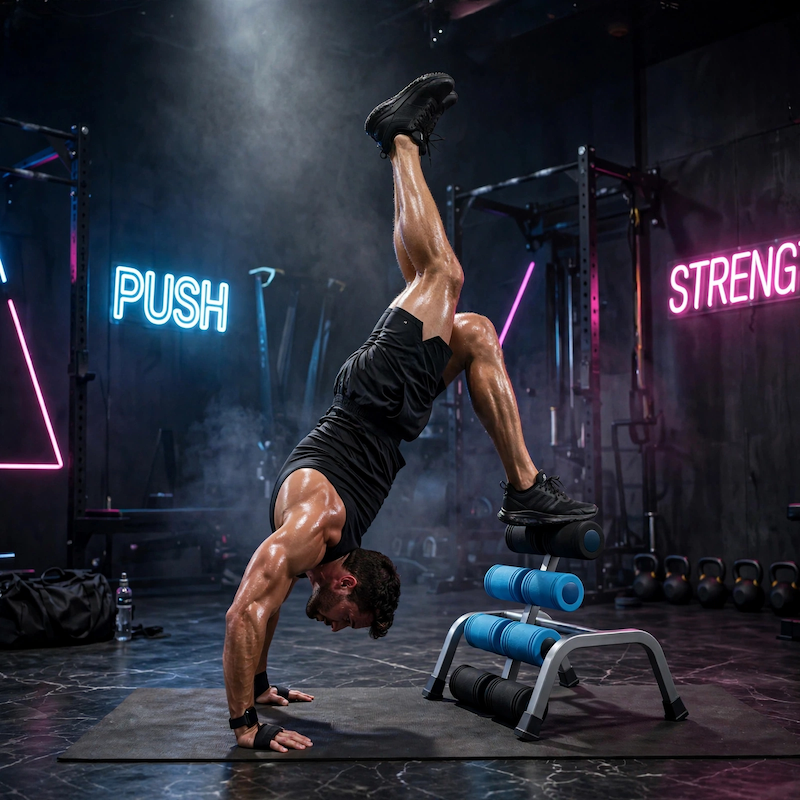 1 Mini Inversion Table Iron, Red, Back Stretch Machine, Ab Trainer, Fitness Yoga Equipment, Handstand Training Machine, Total Body Workout Equipment, Stretch The Back And Neck, Christmas Gift, New Year Gift, Brand: MBB 14 An athletic man performing a handstand variation against a blue color Back Stretch Machine in a modern, dark gym setting with neon lighting.
