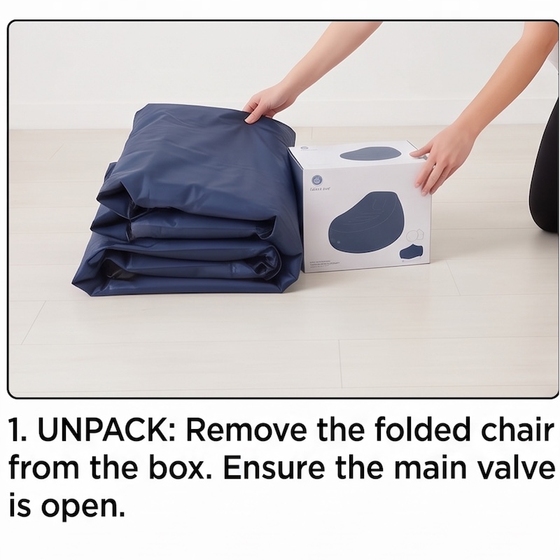 A Large Inflatable Lazy Sofa Chair, Made of PVC Bean Bag Material, Suitable for Indoor And Outdoor Seating 38 Hands removing a folded blue color Inflatable Lazy Sofa Chair from its product box on a light wood floor.