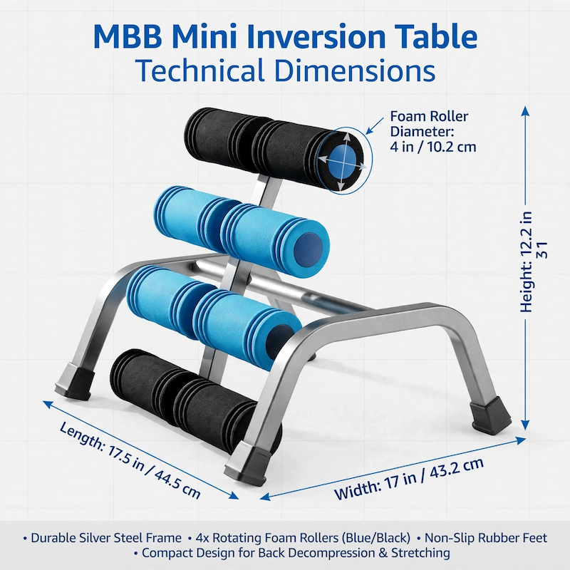 1 Mini Inversion Table Iron, Red, Back Stretch Machine, Ab Trainer, Fitness Yoga Equipment, Handstand Training Machine, Total Body Workout Equipment, Stretch The Back And Neck, Christmas Gift, New Year Gift, Brand: MBB 12 A technical layout diagram displaying dimensions and features of the blue color Back Stretch Machine, highlighting roller diameter, height, and length.