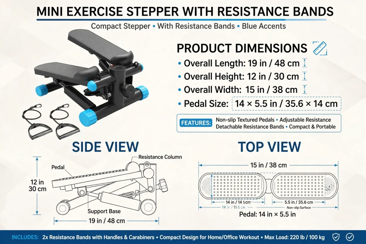 Mini Exercise Stepper with Resistance Bands - Compact Stair Stepper Machine for Home Use, Twist Motion Full Body Workout, 300LBS Capacity Portable Fitness Equipment 9 Technical diagram illustrating the measurements of the blue color Exercise Stepper with Resistance Bands layout.