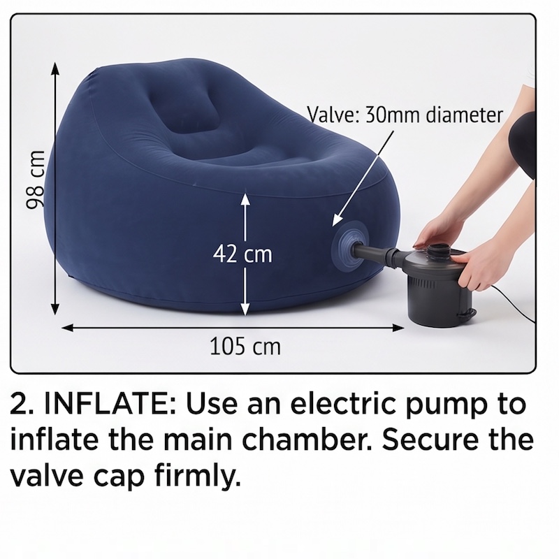 A Large Inflatable Lazy Sofa Chair, Made of PVC Bean Bag Material, Suitable for Indoor And Outdoor Seating 39 An electric pump inflating a navy blue color Inflatable Lazy Sofa Chair through the main valve.