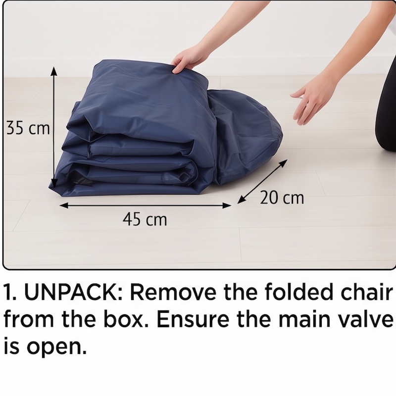 A Large Inflatable Lazy Sofa Chair, Made of PVC Bean Bag Material, Suitable for Indoor And Outdoor Seating 42 A folded blue color Inflatable Lazy Sofa Chair on a light wood floor with measurement arrows.