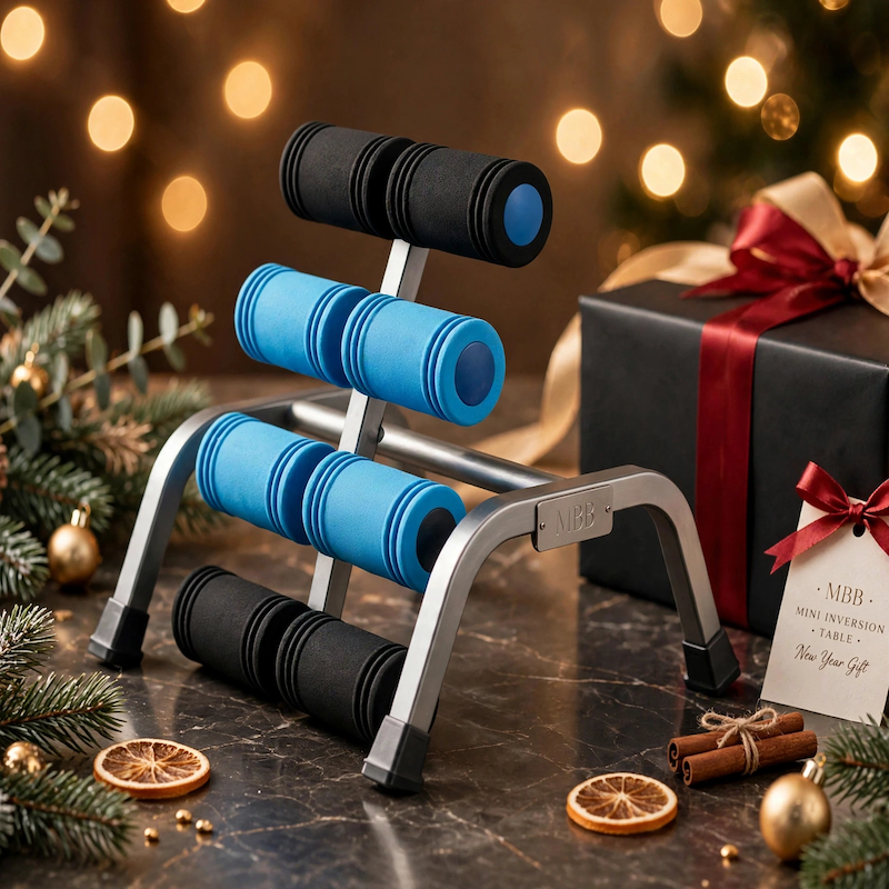 1 Mini Inversion Table Iron, Red, Back Stretch Machine, Ab Trainer, Fitness Yoga Equipment, Handstand Training Machine, Total Body Workout Equipment, Stretch The Back And Neck, Christmas Gift, New Year Gift, Brand: MBB 3 A blue color Back Stretch Machine displayed next to a wrapped holiday gift box and festive decorations with warm background bokeh lights.