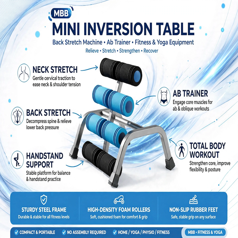 1 Mini Inversion Table Iron, Red, Back Stretch Machine, Ab Trainer, Fitness Yoga Equipment, Handstand Training Machine, Total Body Workout Equipment, Stretch The Back And Neck, Christmas Gift, New Year Gift, Brand: MBB 13 An infographic detailing the multi-functional uses of the blue color Back Stretch Machine for neck stretches, back decompressions, ab training, and total body workouts.