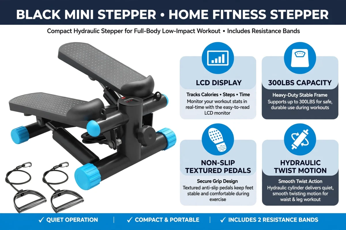 Mini Exercise Stepper with Resistance Bands - Compact Stair Stepper Machine for Home Use, Twist Motion Full Body Workout, 300LBS Capacity Portable Fitness Equipment 10 Informative feature breakdown graphic detailing the components of the blue color Exercise Stepper with Resistance Bands.