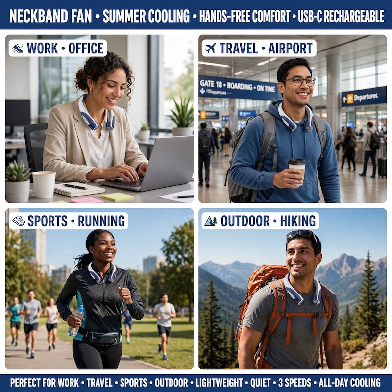 Ultra-Long Battery Life: 6-20 Hours, Dual Wind Speeds, Super Quiet Brushless Motor, 3000mAh*2, Durable USB Charging, Soft Silicone Neck Strap, Ideal for Work, Travel, Sports, and Outdoor Activities, Outdoor Sports Fan|Ergonomic Neckband Fan|Durable 15 A four-panel lifestyle collage showing different individuals using a blue color Outdoor Sports Fan while working at a computer, walking in an airport, running outdoors, and hiking in the mountains.