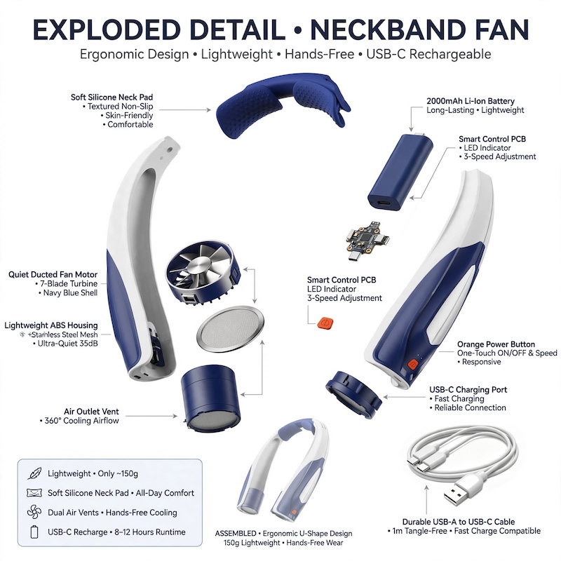 Ultra-Long Battery Life: 6-20 Hours, Dual Wind Speeds, Super Quiet Brushless Motor, 3000mAh*2, Durable USB Charging, Soft Silicone Neck Strap, Ideal for Work, Travel, Sports, and Outdoor Activities, Outdoor Sports Fan|Ergonomic Neckband Fan|Durable 16 An engineering exploded view diagram showcasing the internal components, motor, battery, and soft silicone neck pad of the blue color Outdoor Sports Fan.