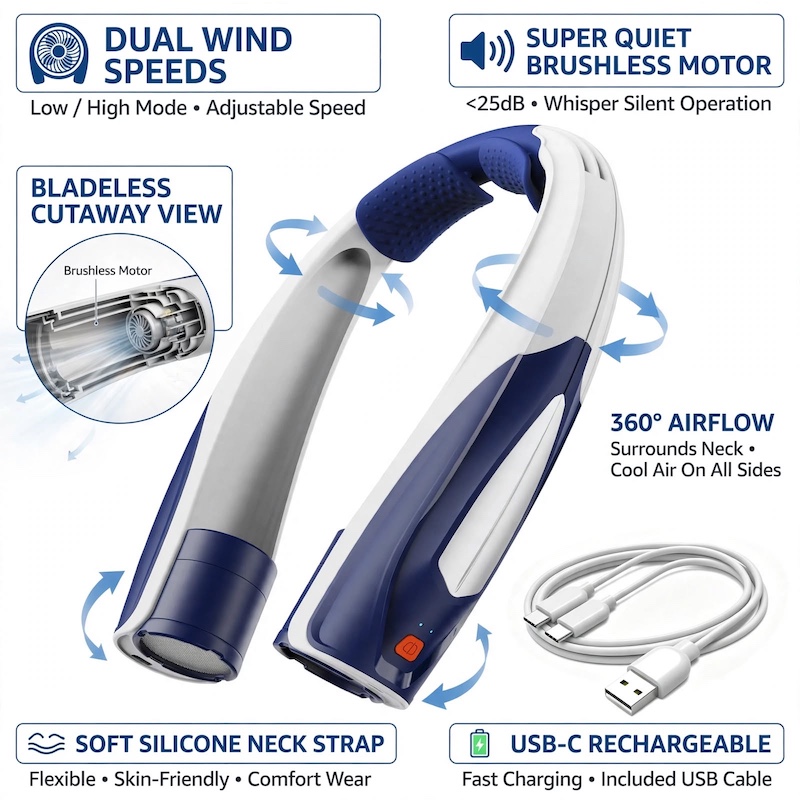 Ultra-Long Battery Life: 6-20 Hours, Dual Wind Speeds, Super Quiet Brushless Motor, 3000mAh*2, Durable USB Charging, Soft Silicone Neck Strap, Ideal for Work, Travel, Sports, and Outdoor Activities, Outdoor Sports Fan|Ergonomic Neckband Fan|Durable 7 Ultra-Long Battery Life: 6-20 Hours, Dual Wind Speeds, Super Quiet Brushless Motor, 3000mAh*2, Durable USB Charging, Soft Silicone Neck Strap, Ideal for Work, Travel, Sports, and Outdoor Activities, Outdoor Sports Fan|Ergonomic Neckband Fan|Durable - Image 7
